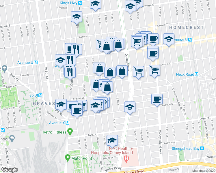 map of restaurants, bars, coffee shops, grocery stores, and more near 2306 East 3rd Street in Brooklyn