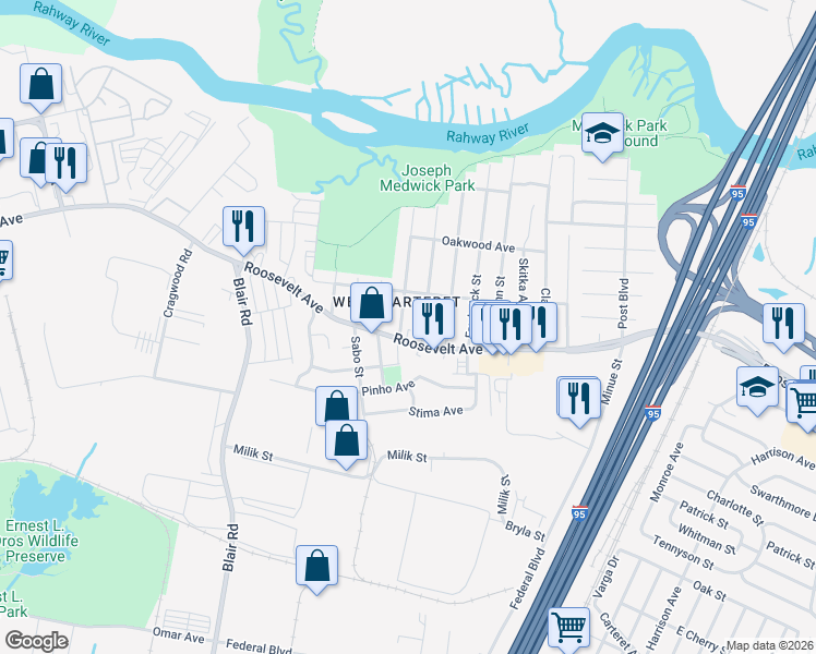 map of restaurants, bars, coffee shops, grocery stores, and more near 136 Bernard Street in Carteret
