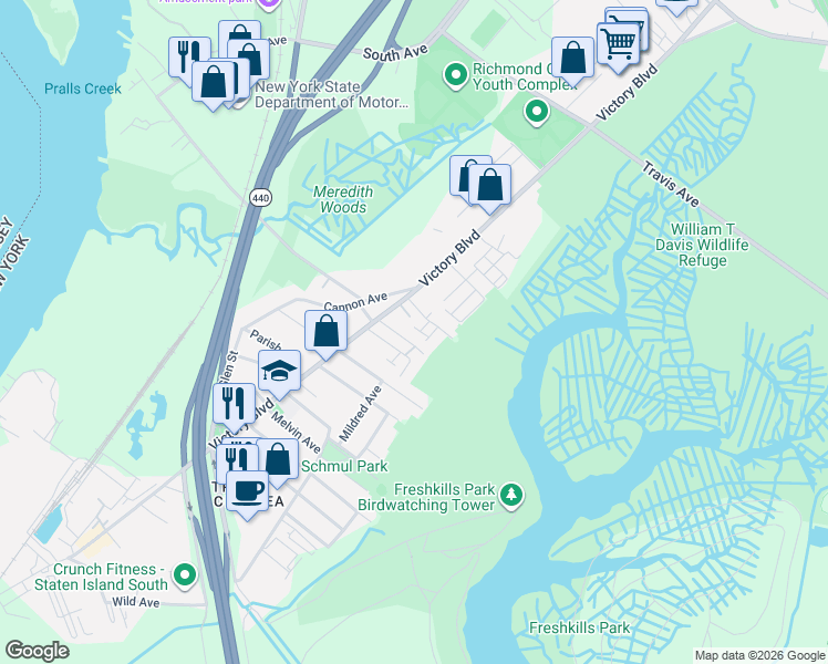 map of restaurants, bars, coffee shops, grocery stores, and more near 3920 Victory Boulevard in Staten Island