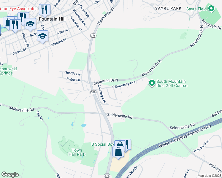 map of restaurants, bars, coffee shops, grocery stores, and more near 1444 East University Avenue in Bethlehem