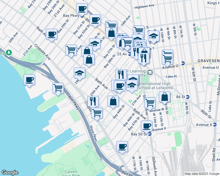 map of restaurants, bars, coffee shops, grocery stores, and more near 2541 Bath Avenue in Brooklyn