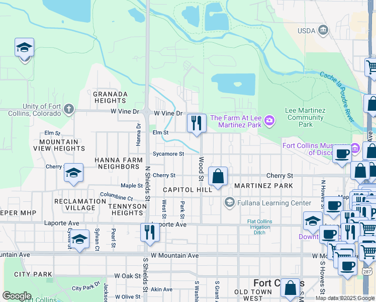 map of restaurants, bars, coffee shops, grocery stores, and more near 517 Wood Street in Fort Collins