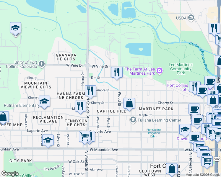 map of restaurants, bars, coffee shops, grocery stores, and more near 517 Park Street in Fort Collins