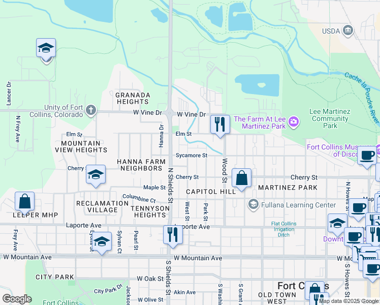 map of restaurants, bars, coffee shops, grocery stores, and more near 527 West Street in Fort Collins