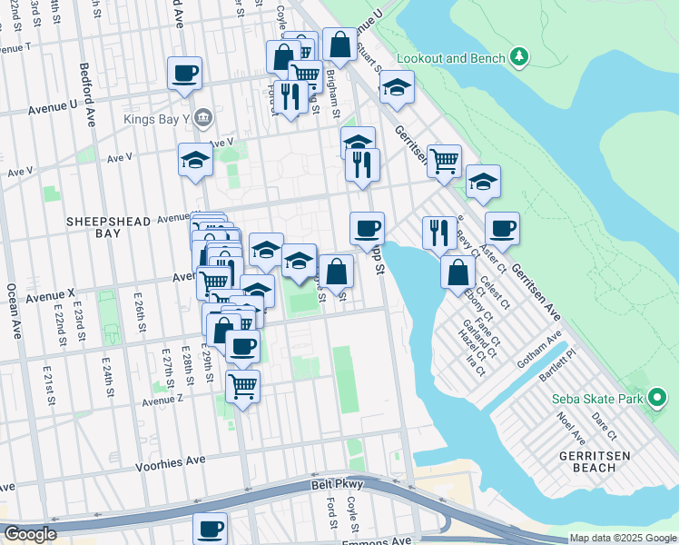 map of restaurants, bars, coffee shops, grocery stores, and more near 3062 Avenue X in Brooklyn