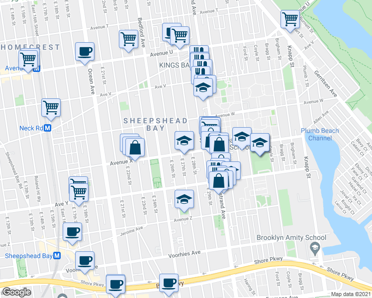 map of restaurants, bars, coffee shops, grocery stores, and more near 2347 East 28th Street in Brooklyn