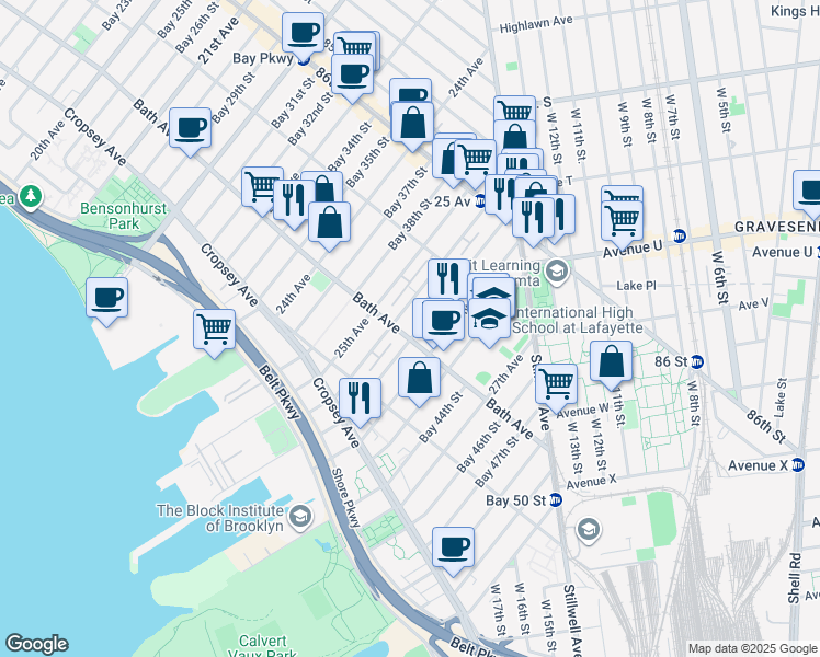 map of restaurants, bars, coffee shops, grocery stores, and more near 139 Bay 40th Street in Brooklyn
