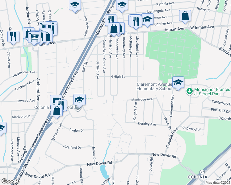 map of restaurants, bars, coffee shops, grocery stores, and more near 155 Harrison Avenue in Woodbridge Township