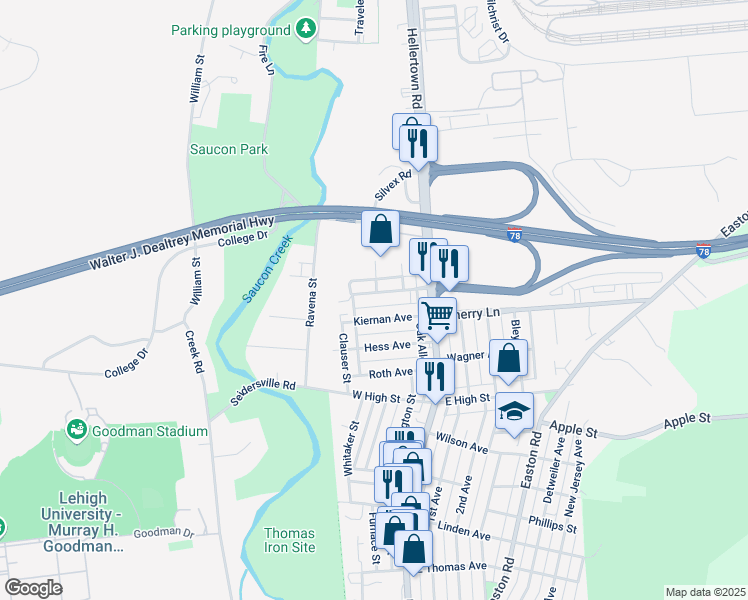 map of restaurants, bars, coffee shops, grocery stores, and more near 115 Kichline Avenue in Hellertown