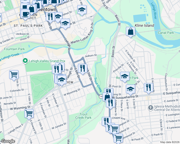 map of restaurants, bars, coffee shops, grocery stores, and more near 721 South Levan Street in Allentown
