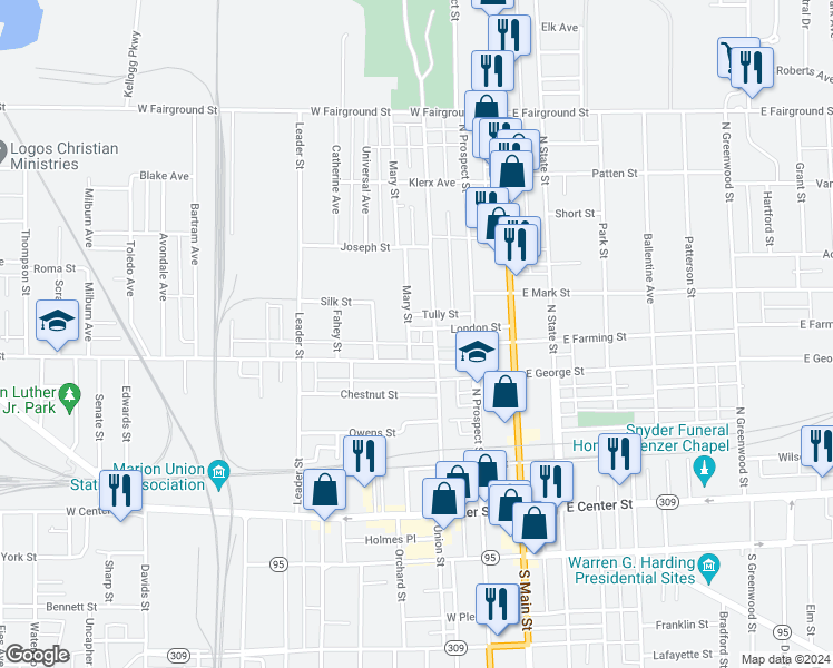 map of restaurants, bars, coffee shops, grocery stores, and more near 394 Mary Street in Marion