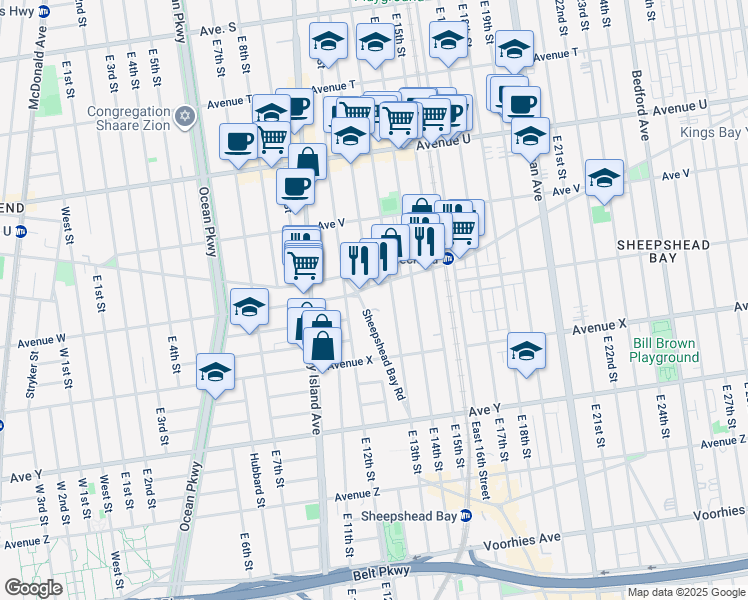 map of restaurants, bars, coffee shops, grocery stores, and more near 1075 Sheepshead Bay Road in Brooklyn