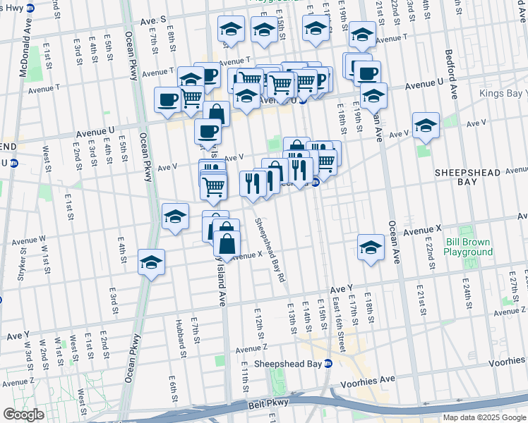 map of restaurants, bars, coffee shops, grocery stores, and more near 1223 Gravesend Neck Road in Brooklyn