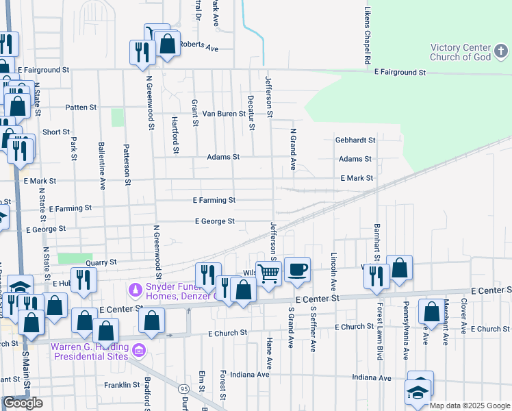 map of restaurants, bars, coffee shops, grocery stores, and more near 624 East Farming Street in Marion