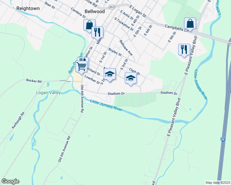 map of restaurants, bars, coffee shops, grocery stores, and more near 400 Martin Street in Bellwood