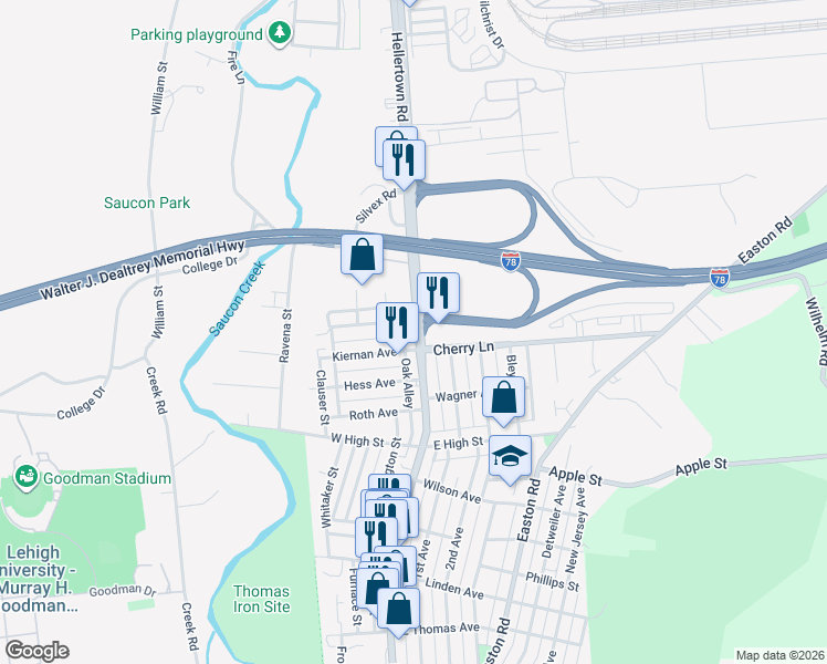 map of restaurants, bars, coffee shops, grocery stores, and more near 1706 Main Street in Hellertown