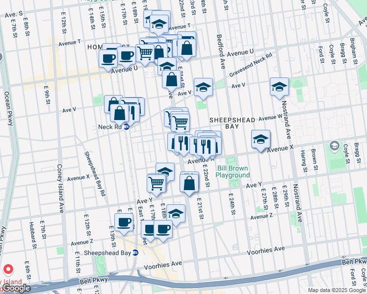 map of restaurants, bars, coffee shops, grocery stores, and more near 2765 Ocean Avenue in Brooklyn