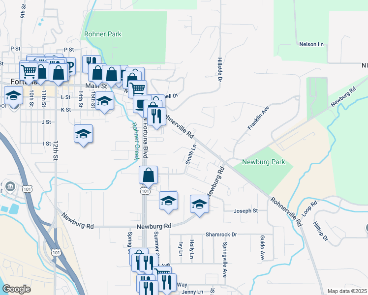 map of restaurants, bars, coffee shops, grocery stores, and more near Stockton Court in Fortuna