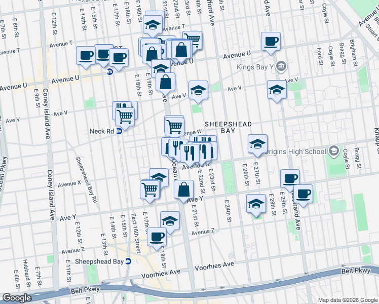 map of restaurants, bars, coffee shops, grocery stores, and more near 2325 East 22nd Street in Brooklyn