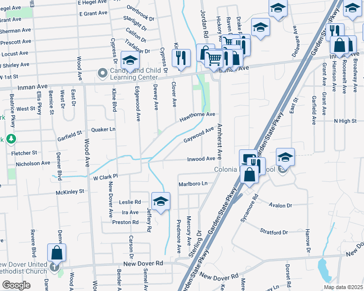 map of restaurants, bars, coffee shops, grocery stores, and more near 64 Gaywood Avenue in Woodbridge Township