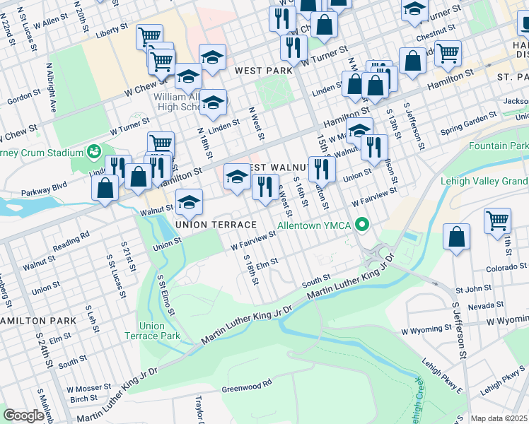map of restaurants, bars, coffee shops, grocery stores, and more near 1285 North West Street in Allentown