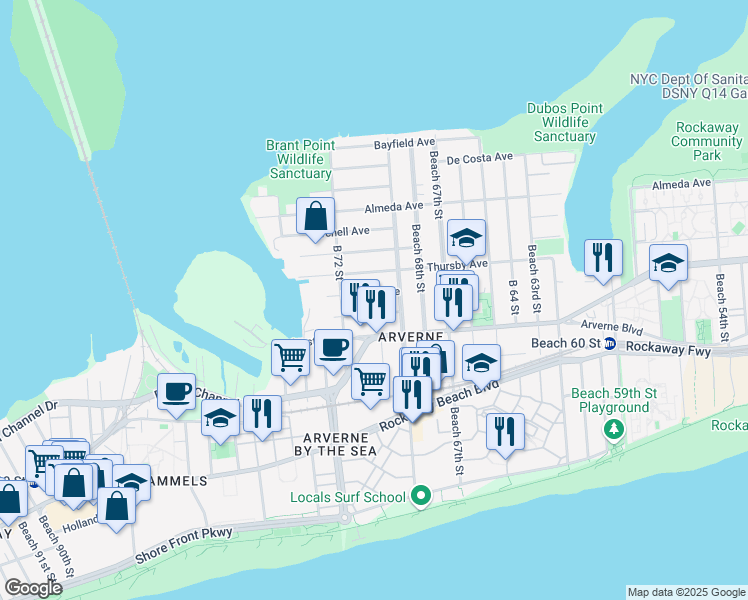 map of restaurants, bars, coffee shops, grocery stores, and more near 69-23 Hessler Avenue in Queens