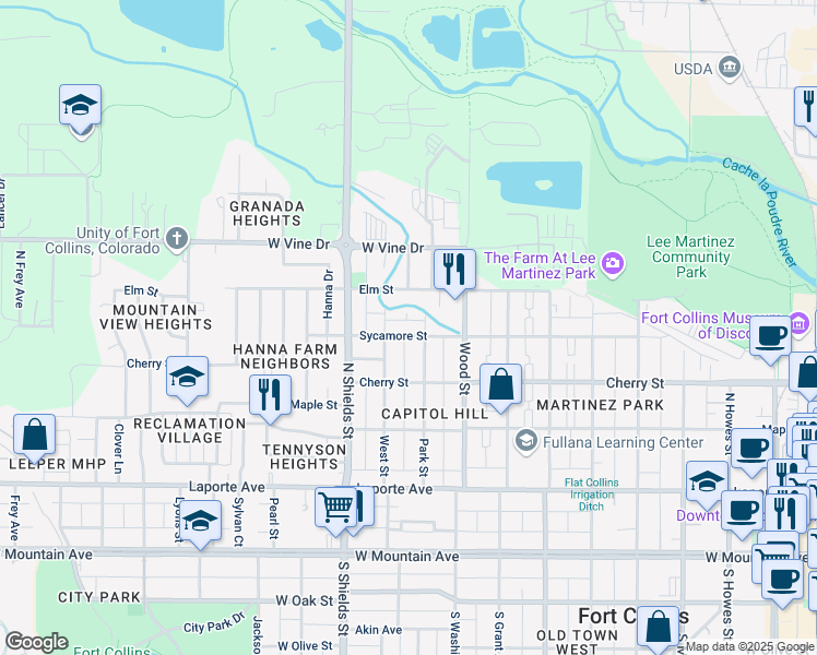 map of restaurants, bars, coffee shops, grocery stores, and more near 517 Park Street in Fort Collins