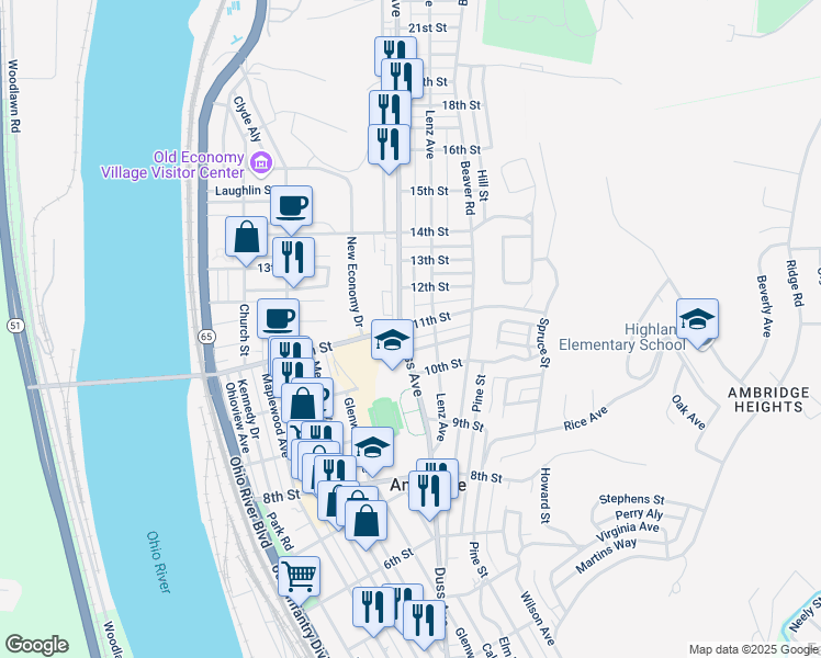 map of restaurants, bars, coffee shops, grocery stores, and more near 1118 Duss Avenue in Ambridge