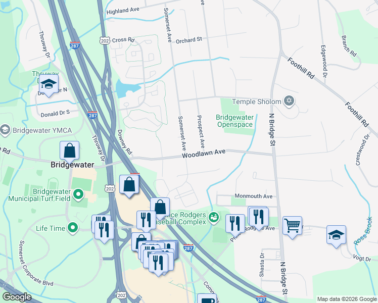 map of restaurants, bars, coffee shops, grocery stores, and more near 10 Somerset Avenue in Bridgewater