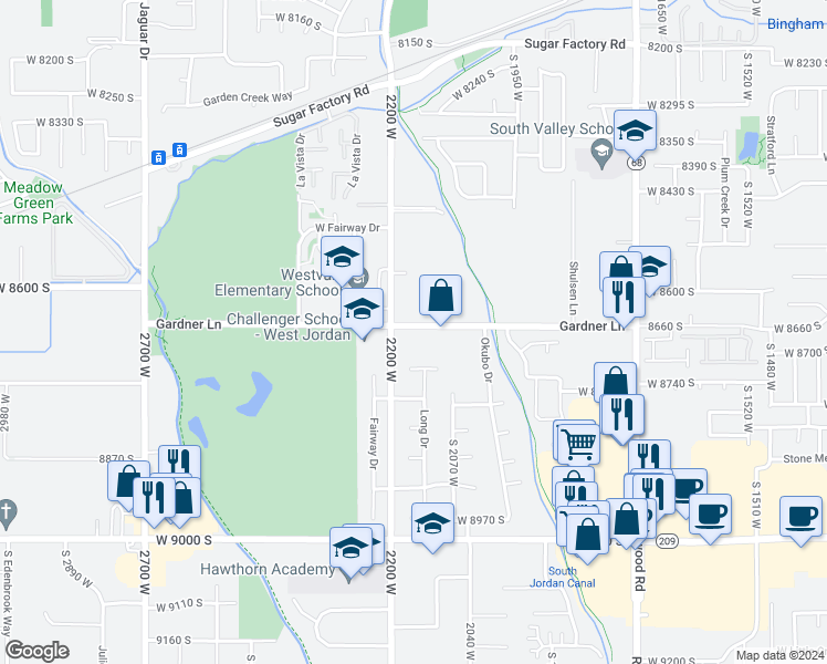 map of restaurants, bars, coffee shops, grocery stores, and more near 2147 Gardner Lane in West Jordan
