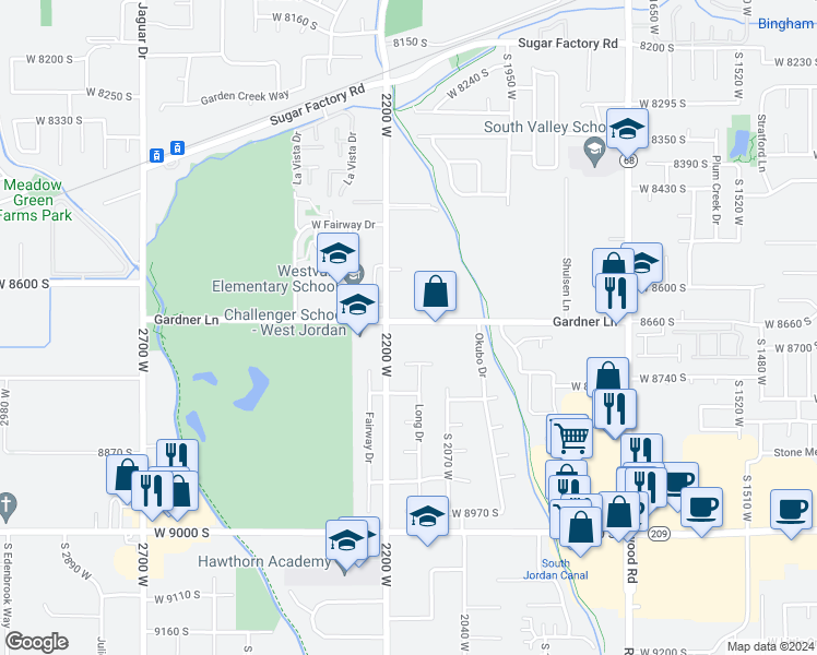 map of restaurants, bars, coffee shops, grocery stores, and more near 8667 2200 West in West Jordan