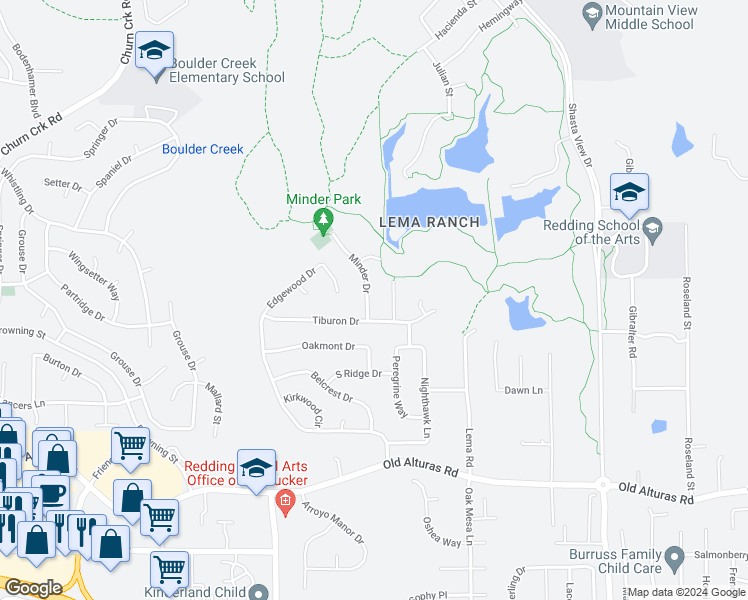 map of restaurants, bars, coffee shops, grocery stores, and more near 1382 Minder Drive in Redding