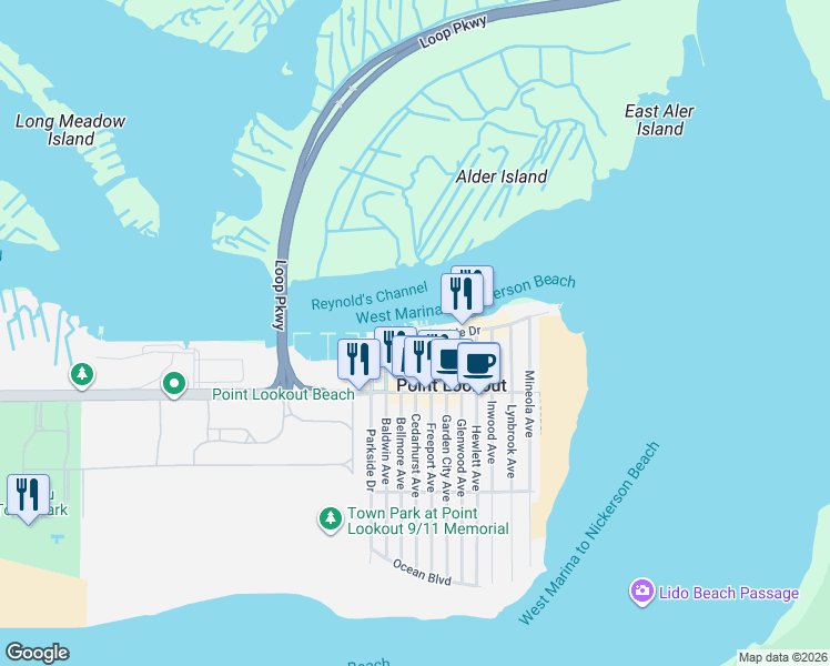 map of restaurants, bars, coffee shops, grocery stores, and more near 40 Bayside Drive in Point Lookout