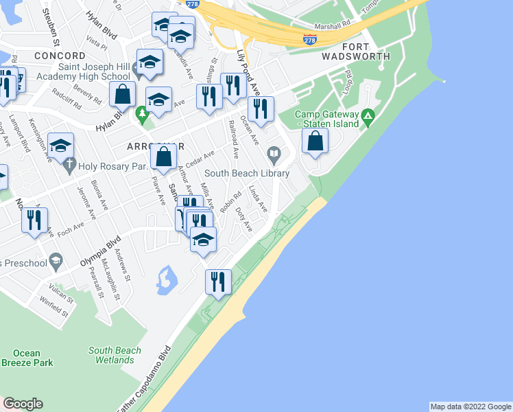 map of restaurants, bars, coffee shops, grocery stores, and more near 92 Seagate Court in Staten Island
