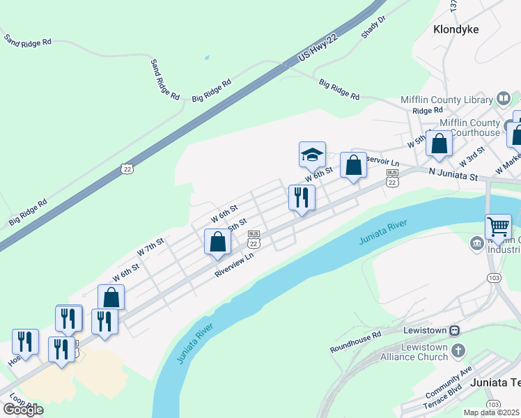 map of restaurants, bars, coffee shops, grocery stores, and more near 629 West 5th Street in Lewistown