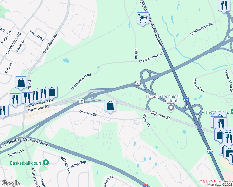 map of restaurants, bars, coffee shops, grocery stores, and more near 5321 Tilghman Street in Allentown
