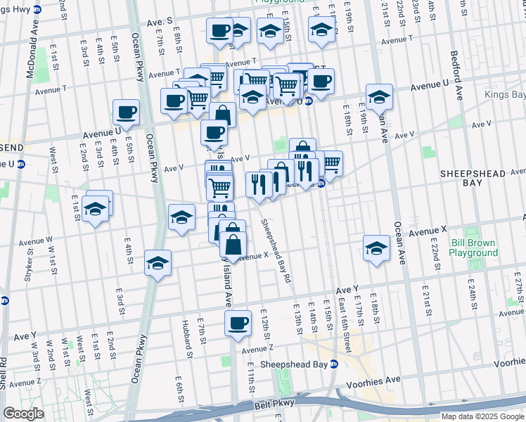 map of restaurants, bars, coffee shops, grocery stores, and more near 1075 Sheepshead Bay Road in Brooklyn
