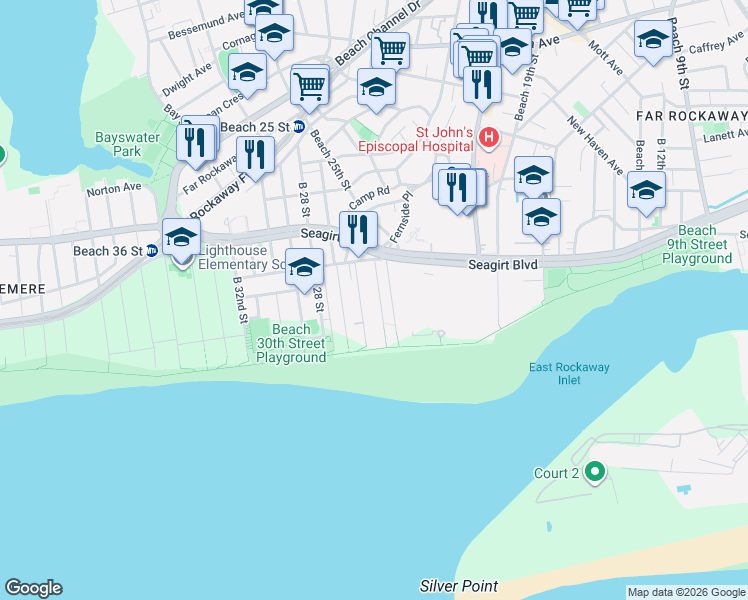 map of restaurants, bars, coffee shops, grocery stores, and more near 183 Beach 24th Street in Queens