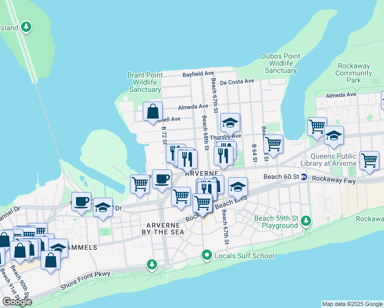 map of restaurants, bars, coffee shops, grocery stores, and more near 4-63 Beach 69th Street in Queens