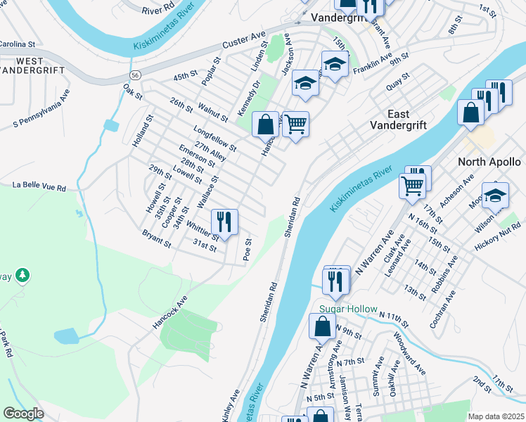 map of restaurants, bars, coffee shops, grocery stores, and more near 90 Emerson Street Court in Vandergrift