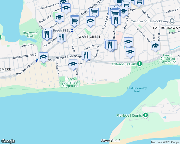 map of restaurants, bars, coffee shops, grocery stores, and more near 167 Beach 25th Street in Queens