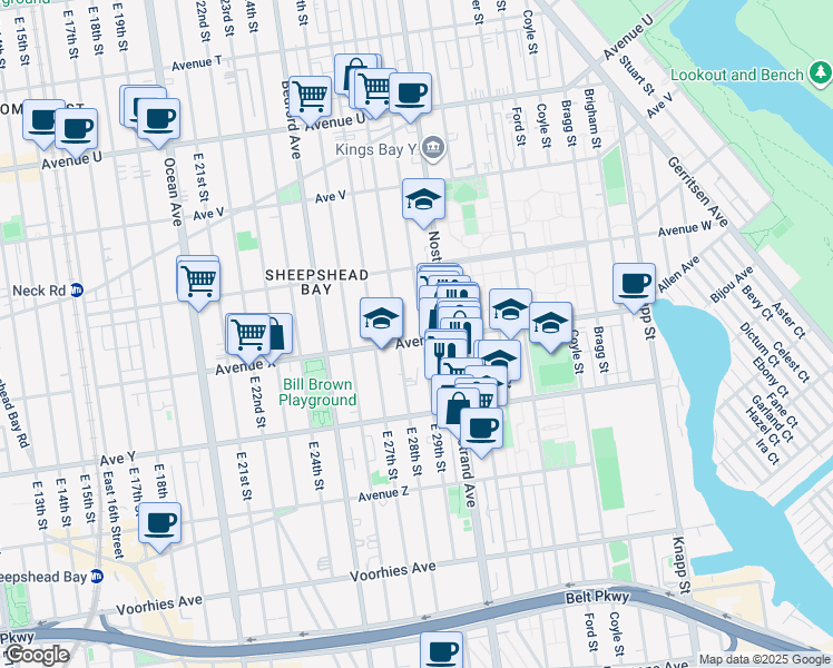 map of restaurants, bars, coffee shops, grocery stores, and more near 2821 Avenue X in Brooklyn