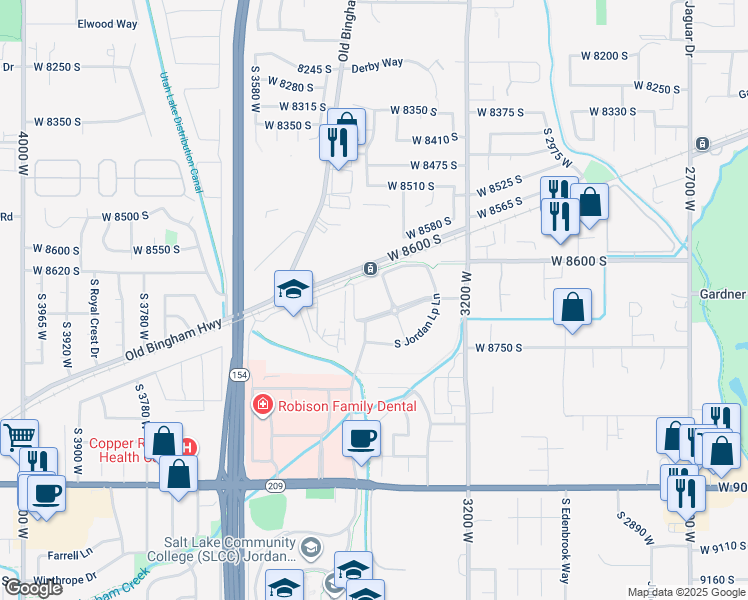 map of restaurants, bars, coffee shops, grocery stores, and more near 8643 Norris View Lane in West Jordan