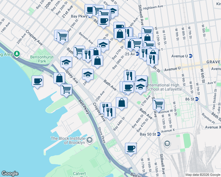 map of restaurants, bars, coffee shops, grocery stores, and more near 2505 Bath Avenue in Brooklyn