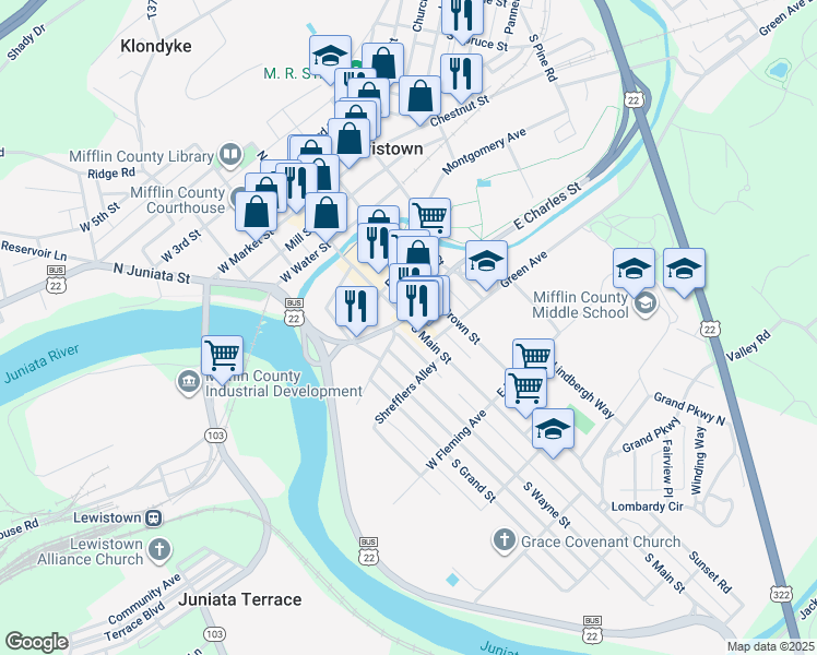 map of restaurants, bars, coffee shops, grocery stores, and more near 306 South Main Street in Lewistown