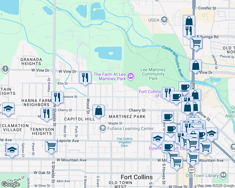 map of restaurants, bars, coffee shops, grocery stores, and more near 518 North Loomis Avenue in Fort Collins