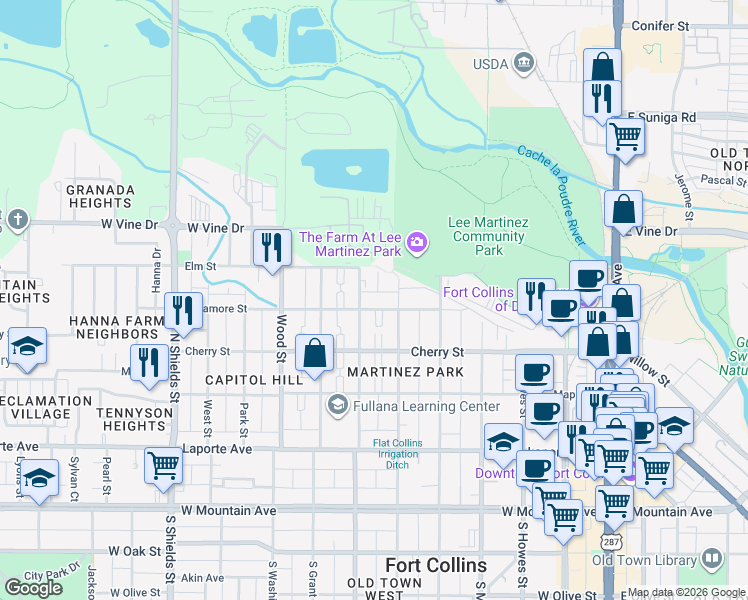 map of restaurants, bars, coffee shops, grocery stores, and more near 518 North Loomis Avenue in Fort Collins