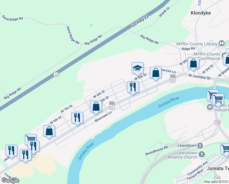 map of restaurants, bars, coffee shops, grocery stores, and more near 629 West 5th Street in Lewistown