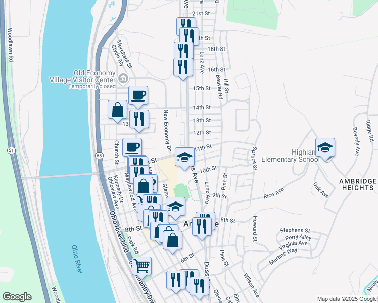 map of restaurants, bars, coffee shops, grocery stores, and more near 651 11th Street in Ambridge