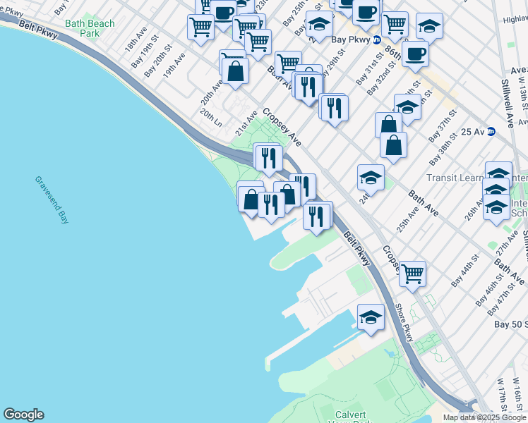 map of restaurants, bars, coffee shops, grocery stores, and more near 1608 Shore Parkway in Brooklyn